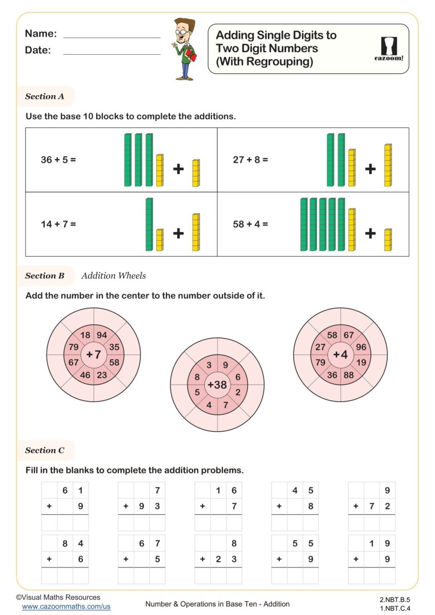 Adding Single Digits To Two Digit Numbers With Regrouping Worksheet Printable 1st And 2nd Grade Number Worksheet