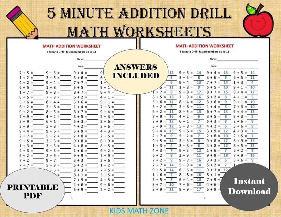Addition 5 minute Drill Worksheets With Answers PDF Download Etsy