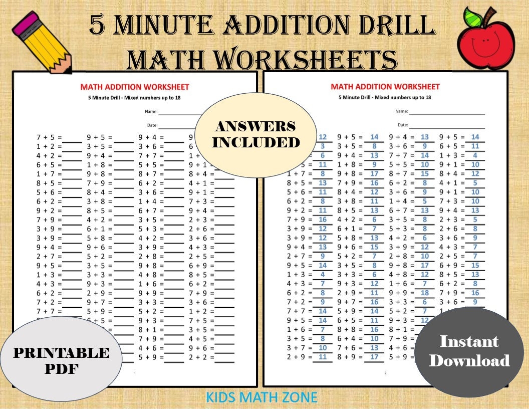 Addition 5 minute Drill Worksheets With Answers PDF Download Etsy Addition 5 minute Drill Worksheets With Answers PDF Download Etsy