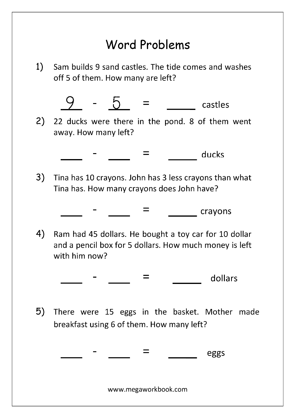 Addition And Subtraction Word Problems Worksheets For Kindergarten Addition And Subtraction Word Problems Worksheets For Kindergarten