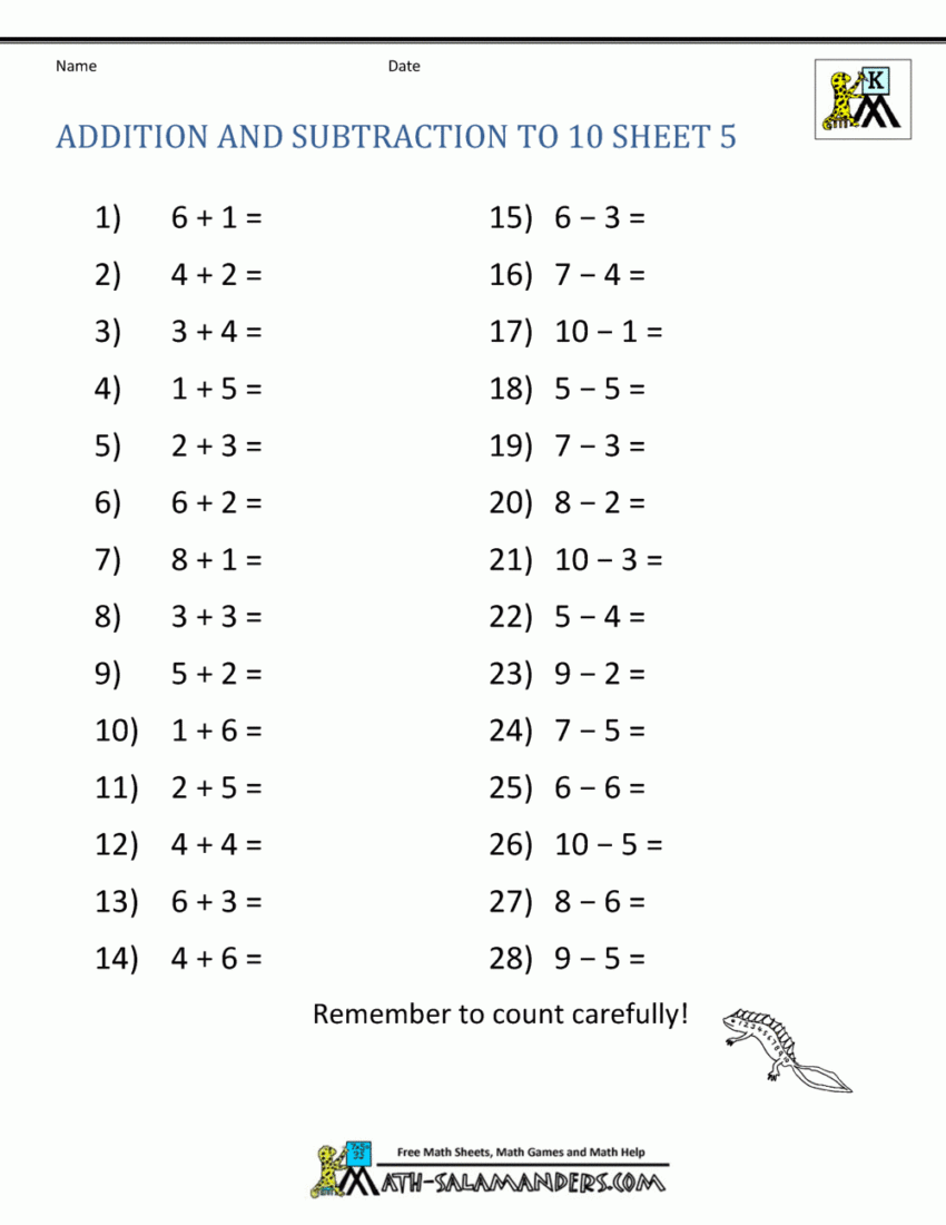 Addition And Subtraction Worksheets For Kindergarten