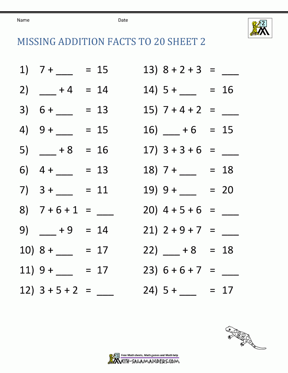 Addition Facts To 20 Worksheets Addition Facts To 20 Worksheets