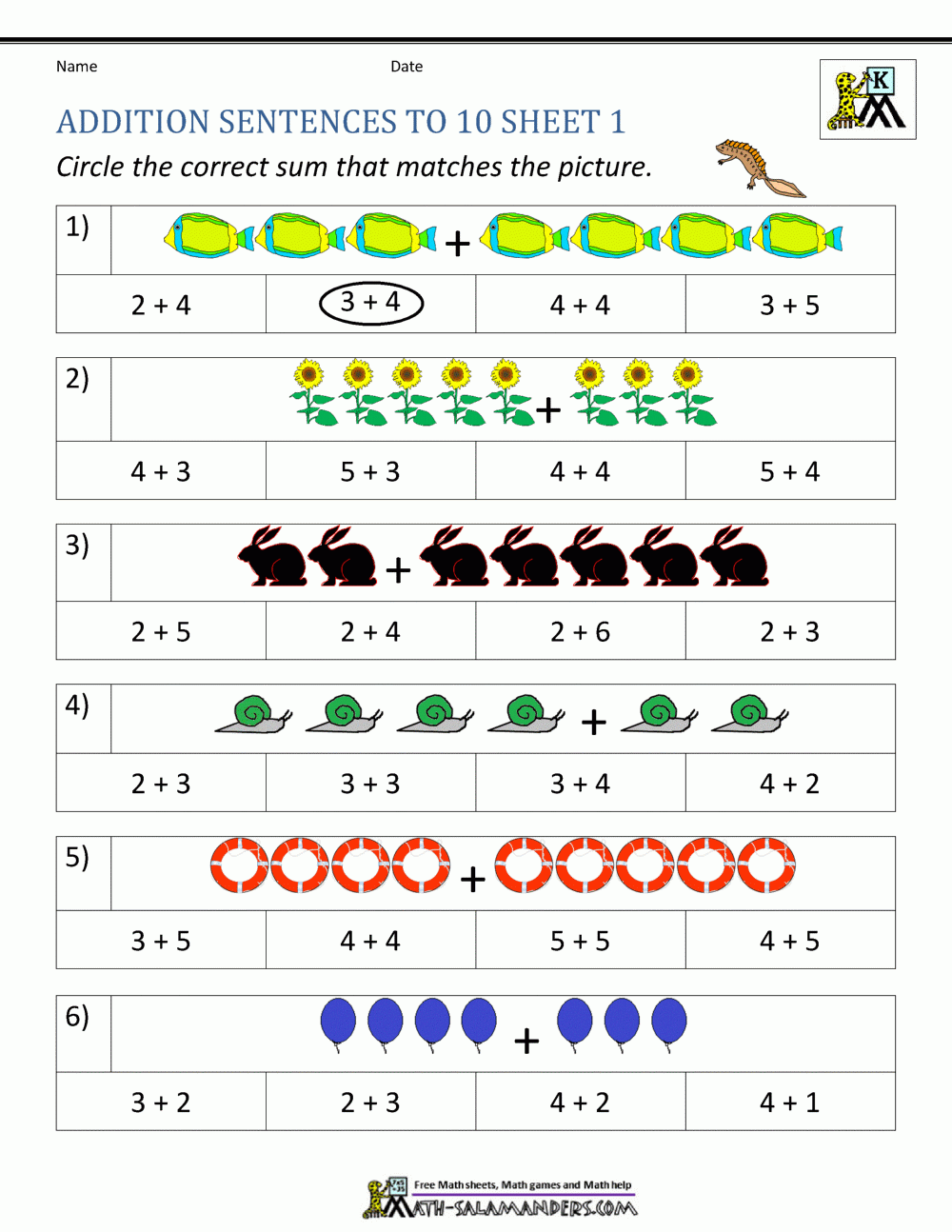 Math Facts Worksheets For Kindergarten