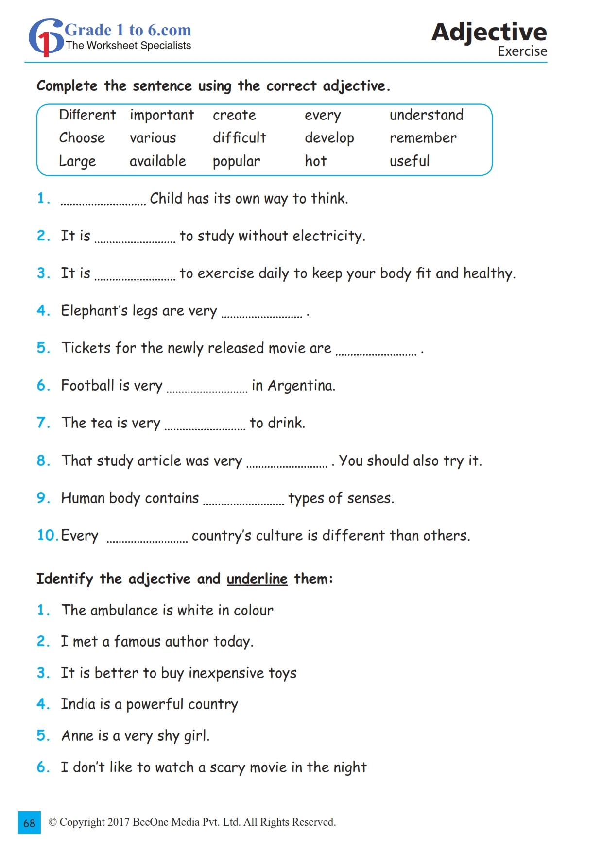 Adjective Exercises And Worksheet Grade1to6 Adjective Exercises And Worksheet Grade1to6