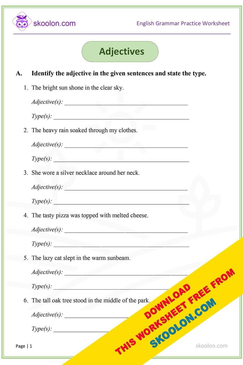 Adjectives With Answers 6 Skoolon Worksheets Library Adjectives With Answers 6 Skoolon Worksheets Library