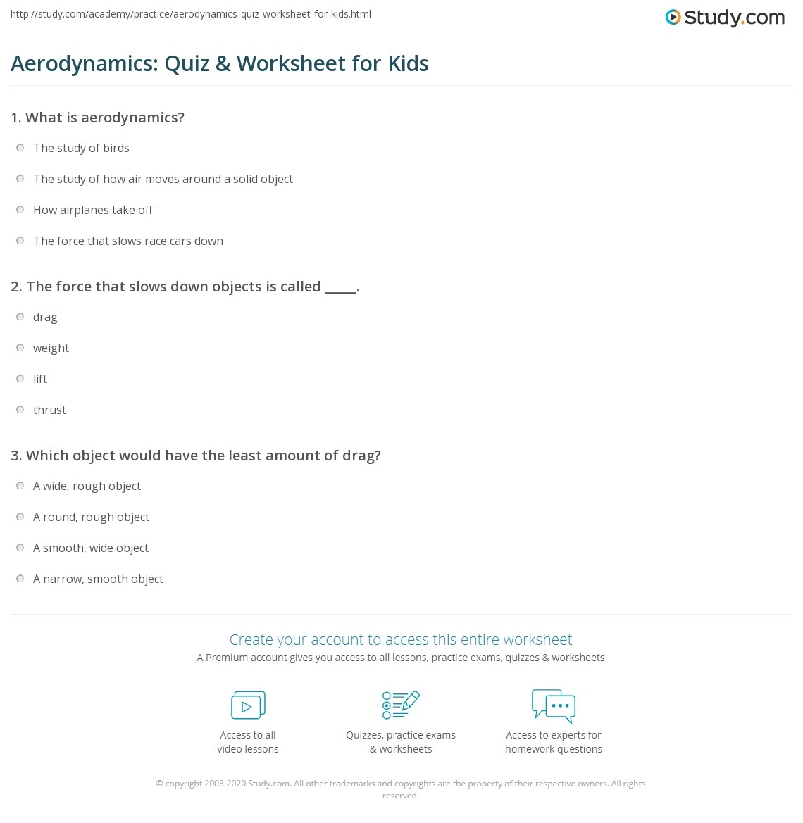 Aerodynamics Quiz Worksheet For Kids Study