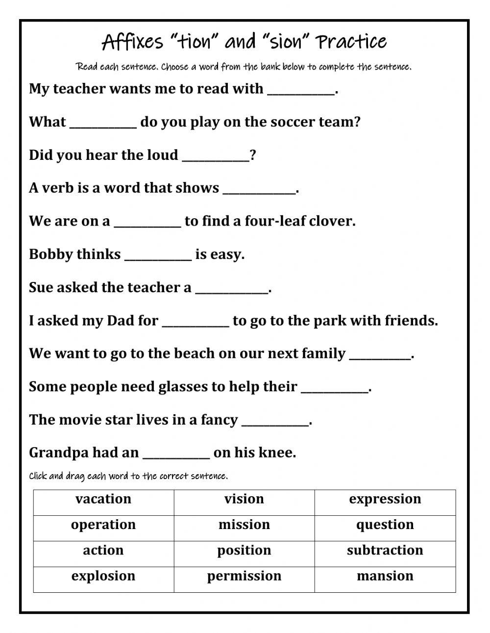 Affixes Tion sion Worksheet Worksheets Library