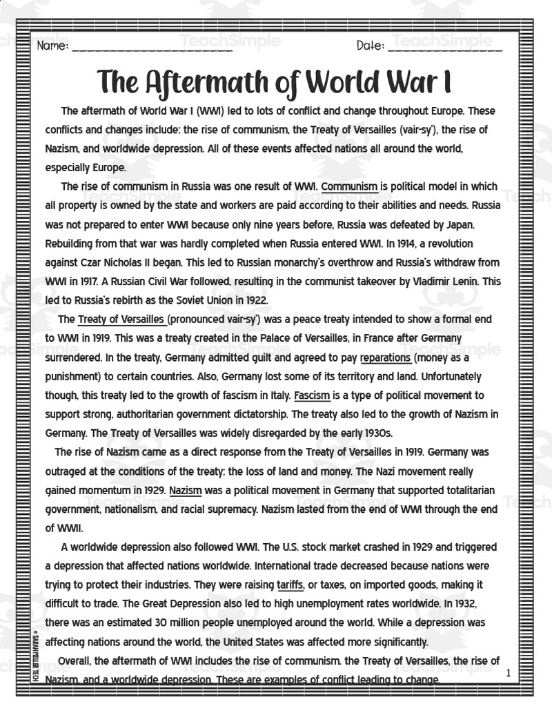 Aftermath Of World War I Reading Packet By Teach Simple Aftermath Of World War I Reading Packet By Teach Simple
