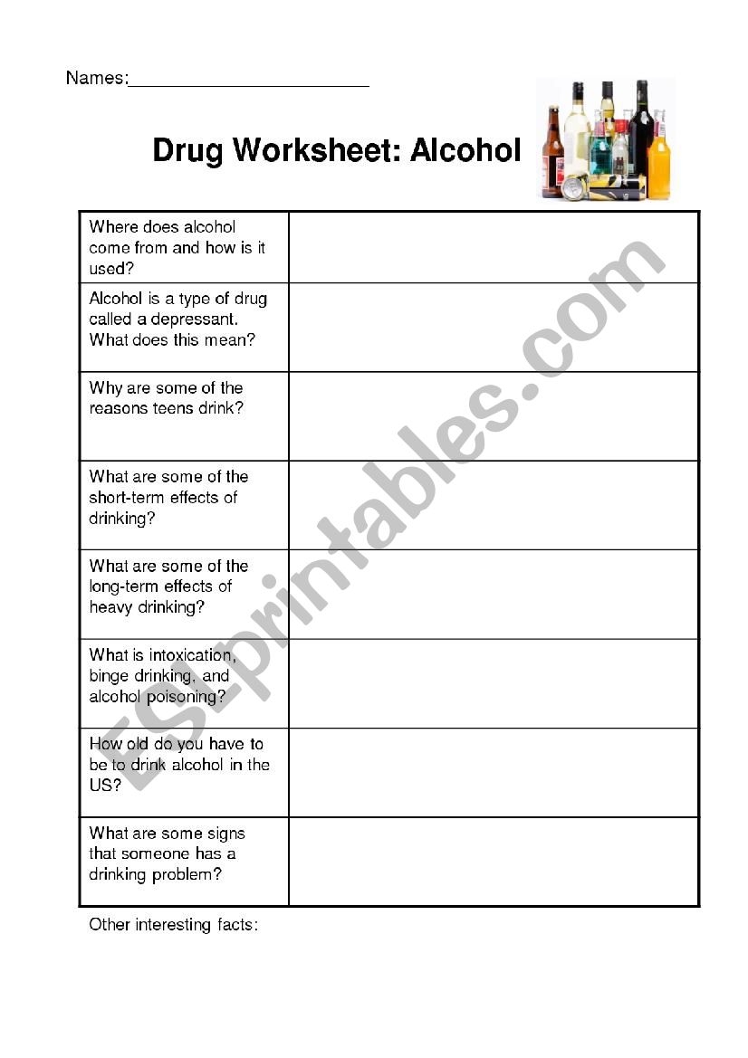 Alcohol ESL Worksheet By Mrgreen10