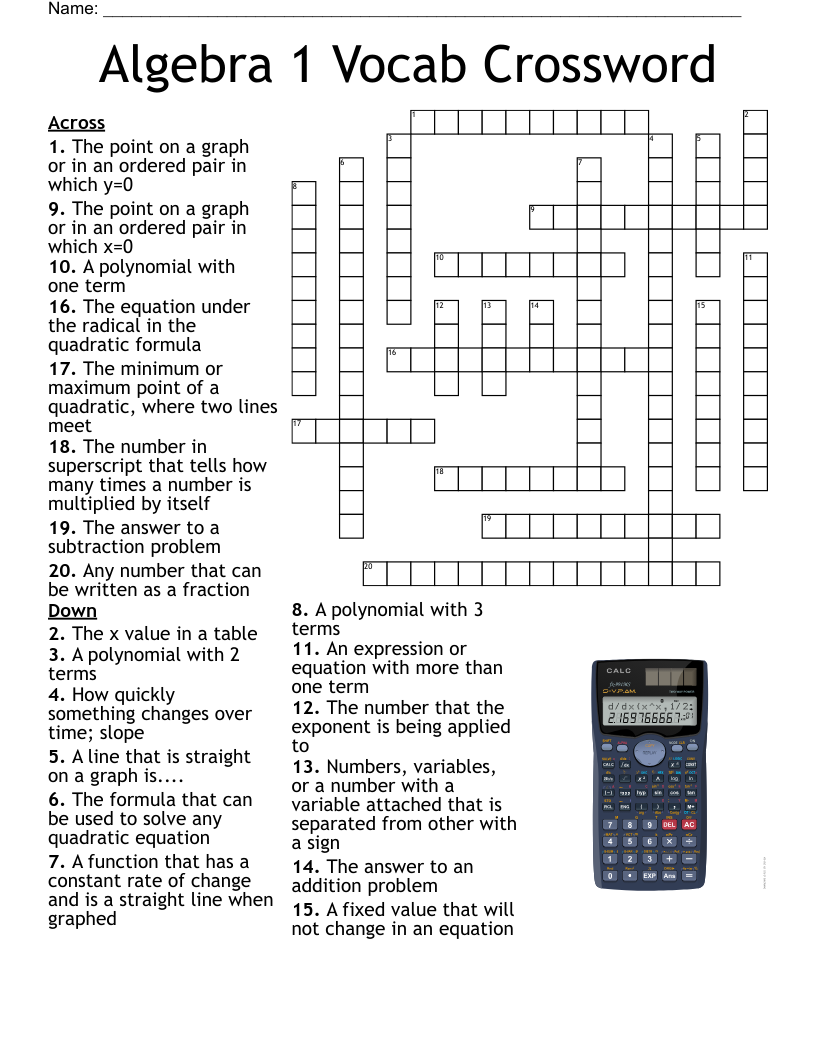 Algebra Vocabulary Crossword WordMint