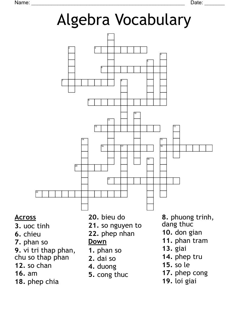 Algebra Vocabulary Crossword WordMint