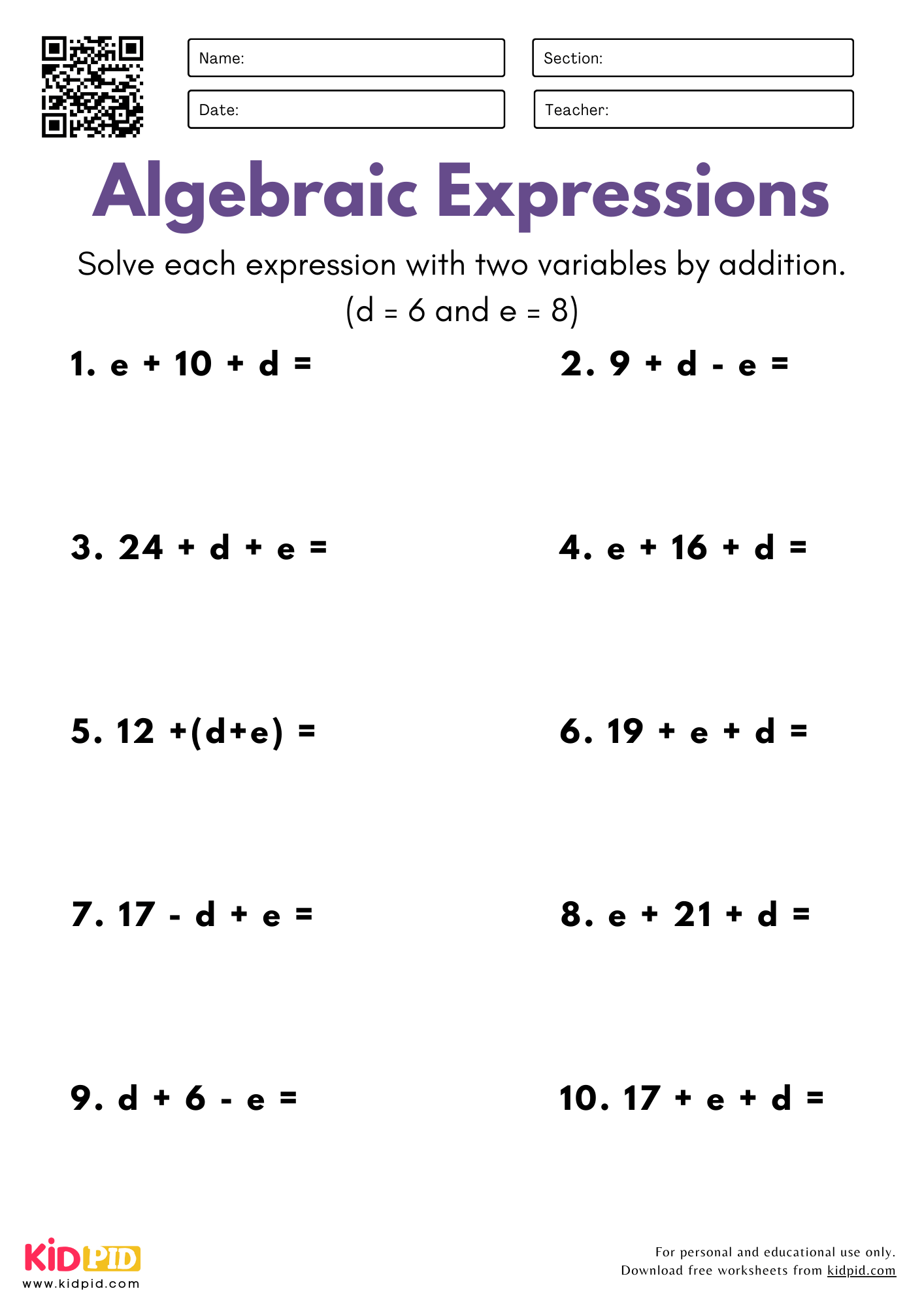 Algebra Worksheets For Grade 5 Kidpid