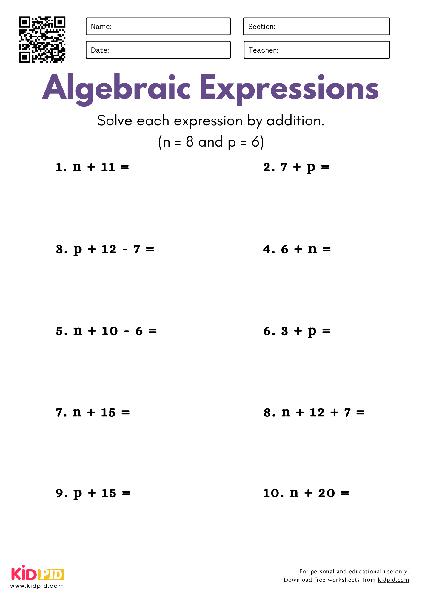 Algebraic Expressions With One Variable By Addition Worksheet For Grade 5 Kidpid Algebraic Expressions With One Variable By Addition Worksheet For Grade 5 Kidpid