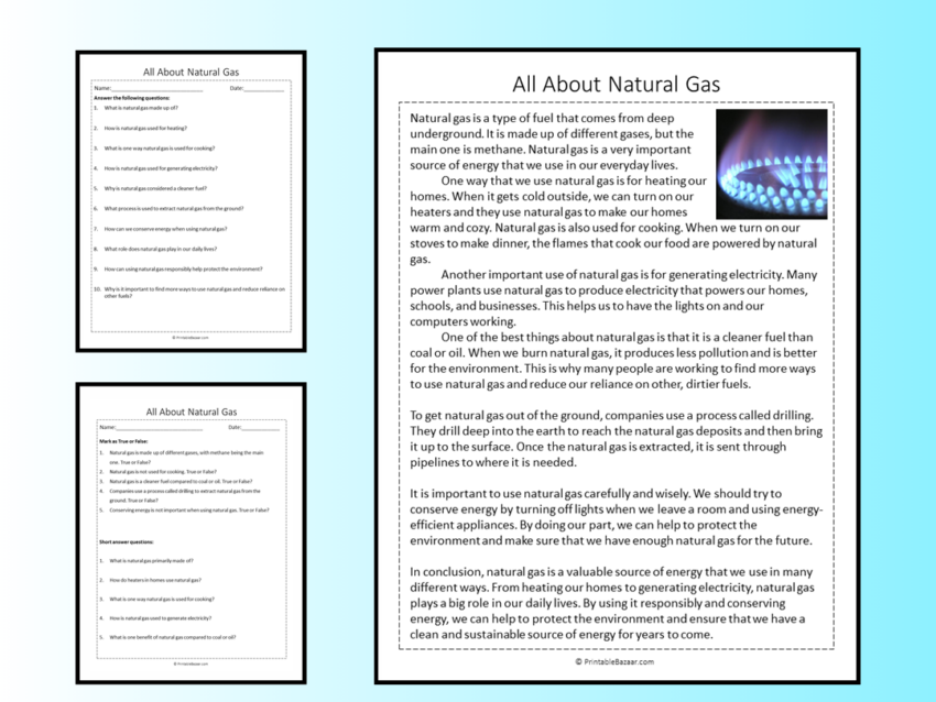 All About Natural Gas Reading Comprehension Passage Printable
