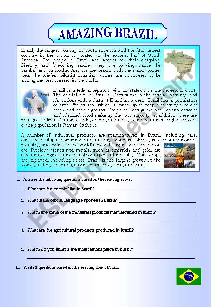 AMAZING BRAZIL ESL Worksheet By Sandrami60