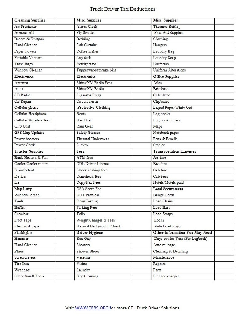 Anchor Tax Service Truck Driver Deductions Worksheets Library