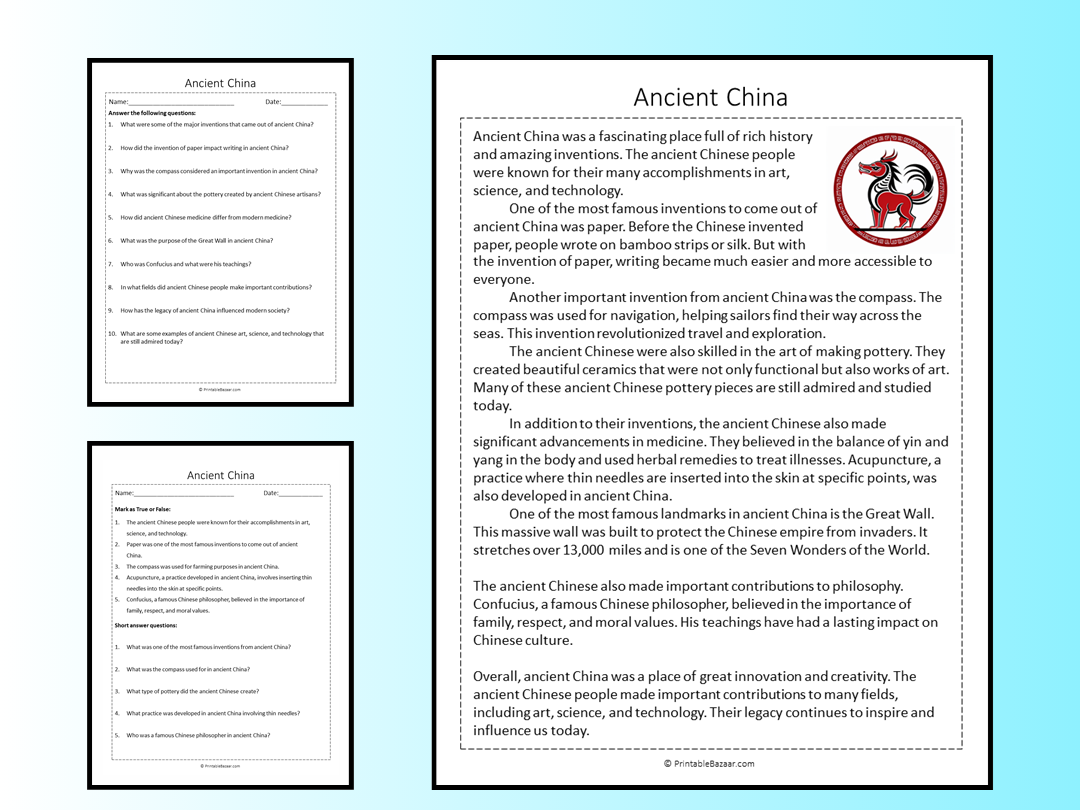 Ancient China Reading Comprehension Passage Printable Worksheet Teaching Resources Ancient China Reading Comprehension Passage Printable Worksheet Teaching Resources