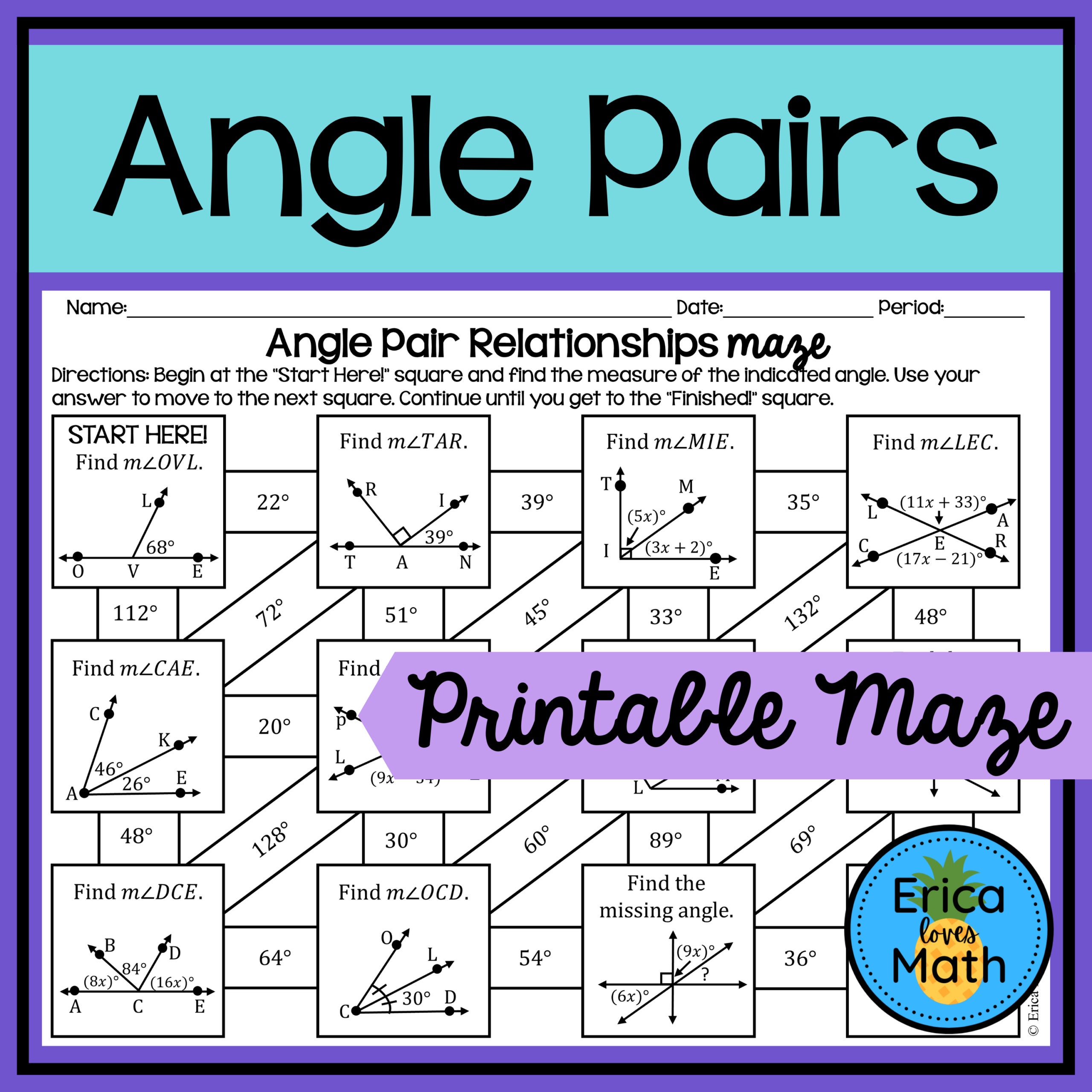 Angle Pair Relationships Activity Maze Classful