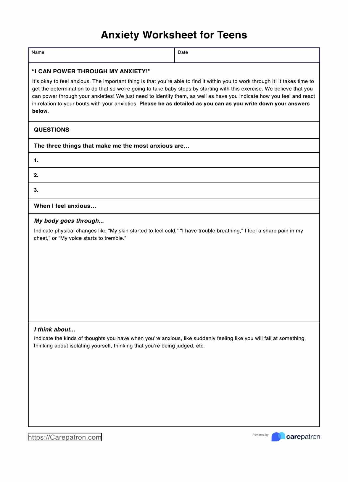Anxiety Worksheets For Teens