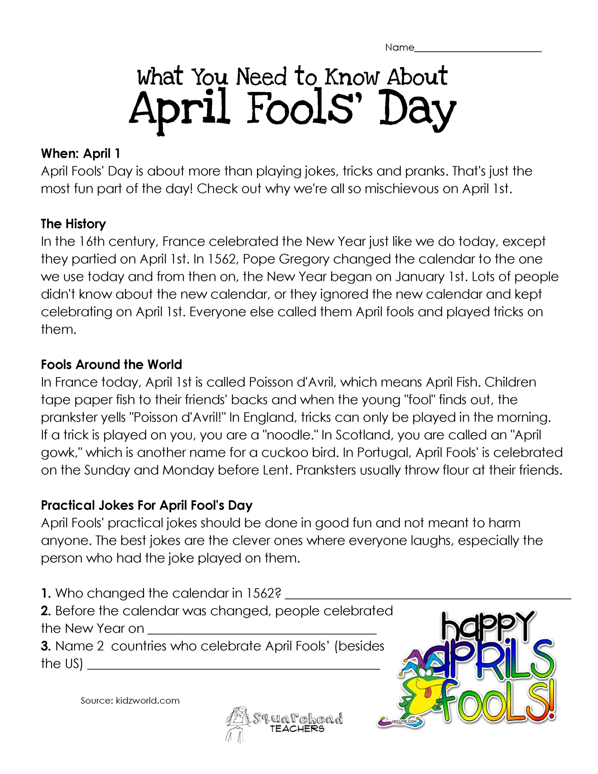 April Reading Comprehension Worksheets