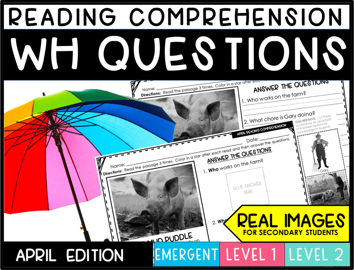 April Reading Comprehension Answering WH Questions 3 LEVELS REAL IMAGES Chalkboard Superhero
