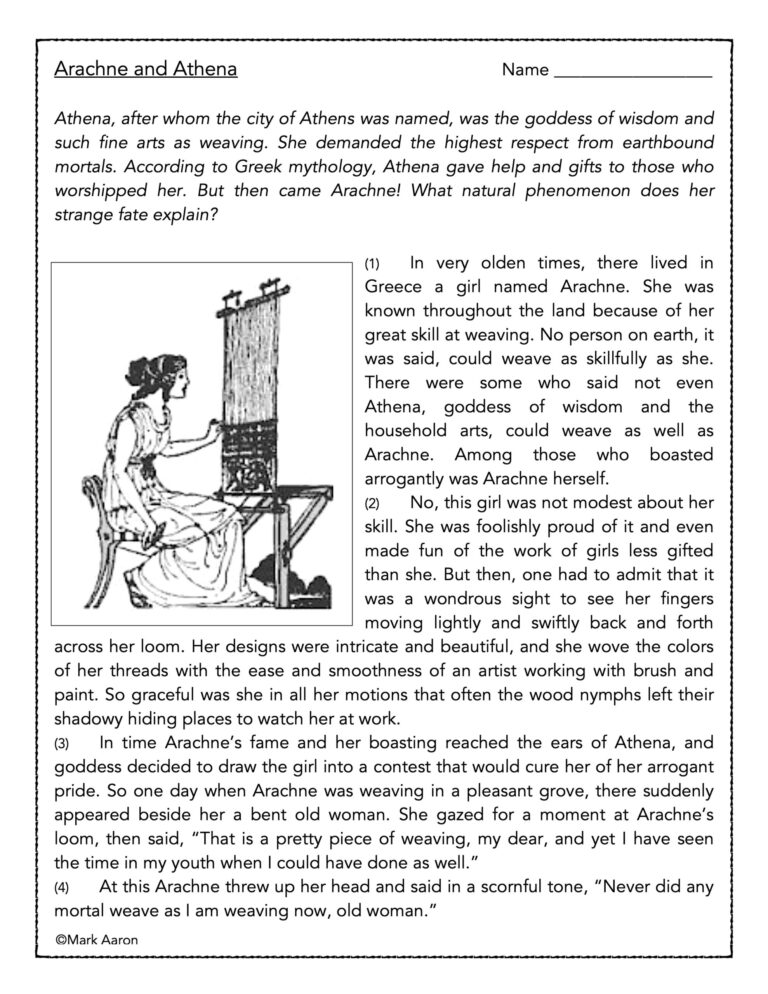 Arachne And Athena Reading Comprehension Passage Made By 