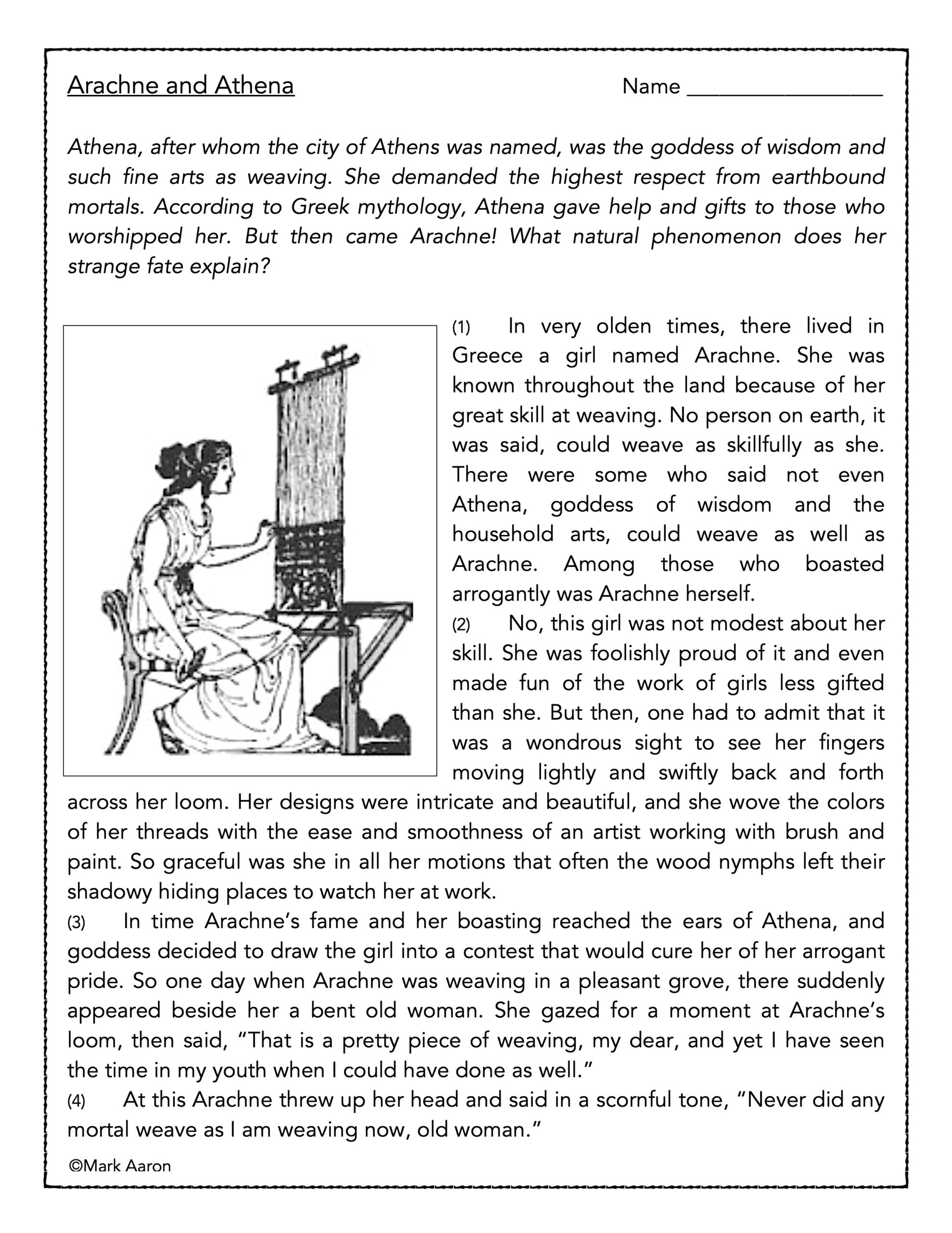Arachne And Athena Reading Comprehension Passage Made By 