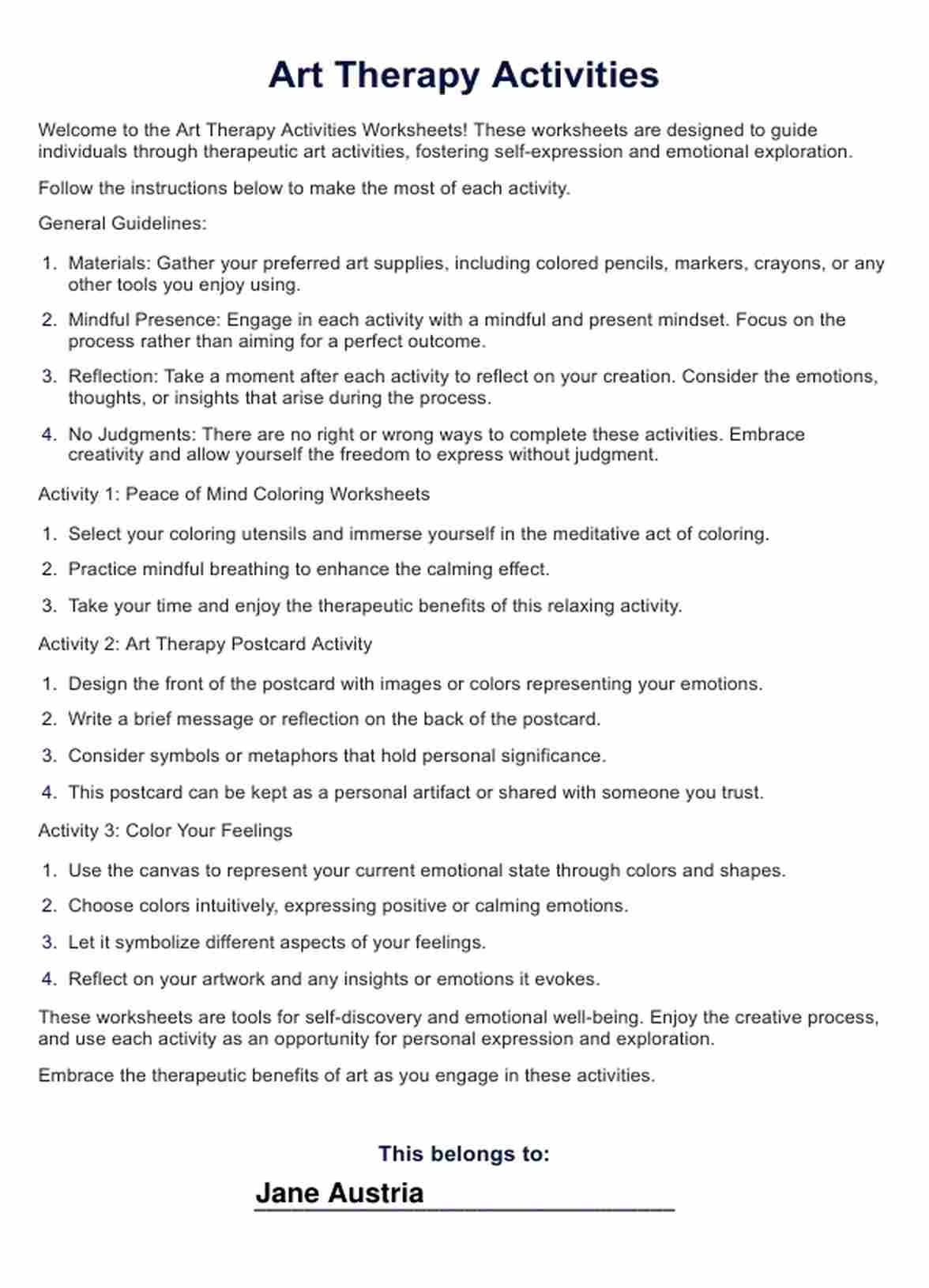Art Therapy Activities Template Example Free PDF Download