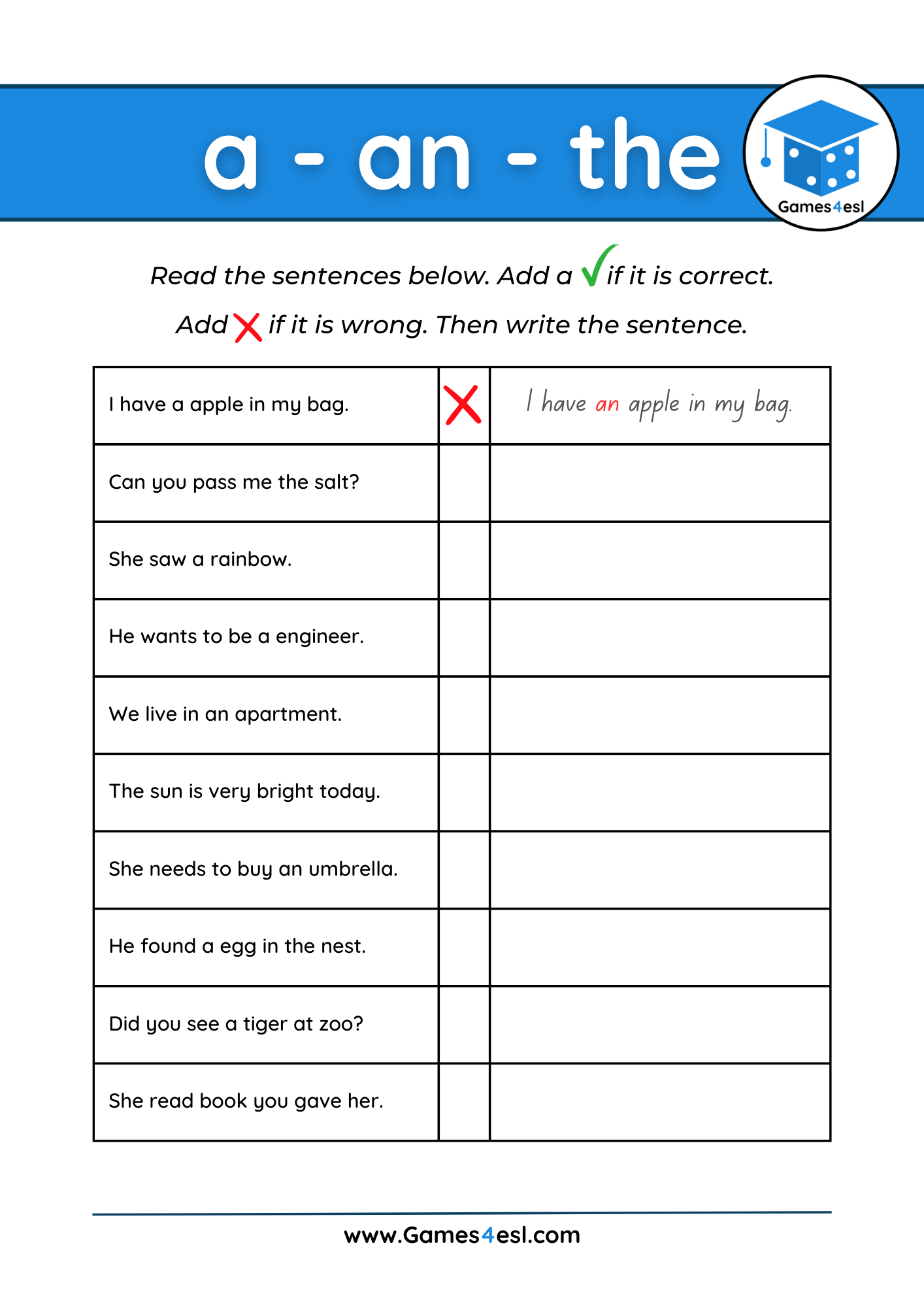 Articles In English Printable Worksheets