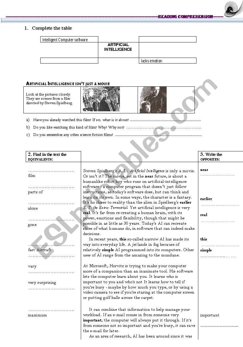 ARTIFICIAL INTELLIGENCE Reading Comprehension ESL Worksheet By Aleia ARTIFICIAL INTELLIGENCE Reading Comprehension ESL Worksheet By Aleia