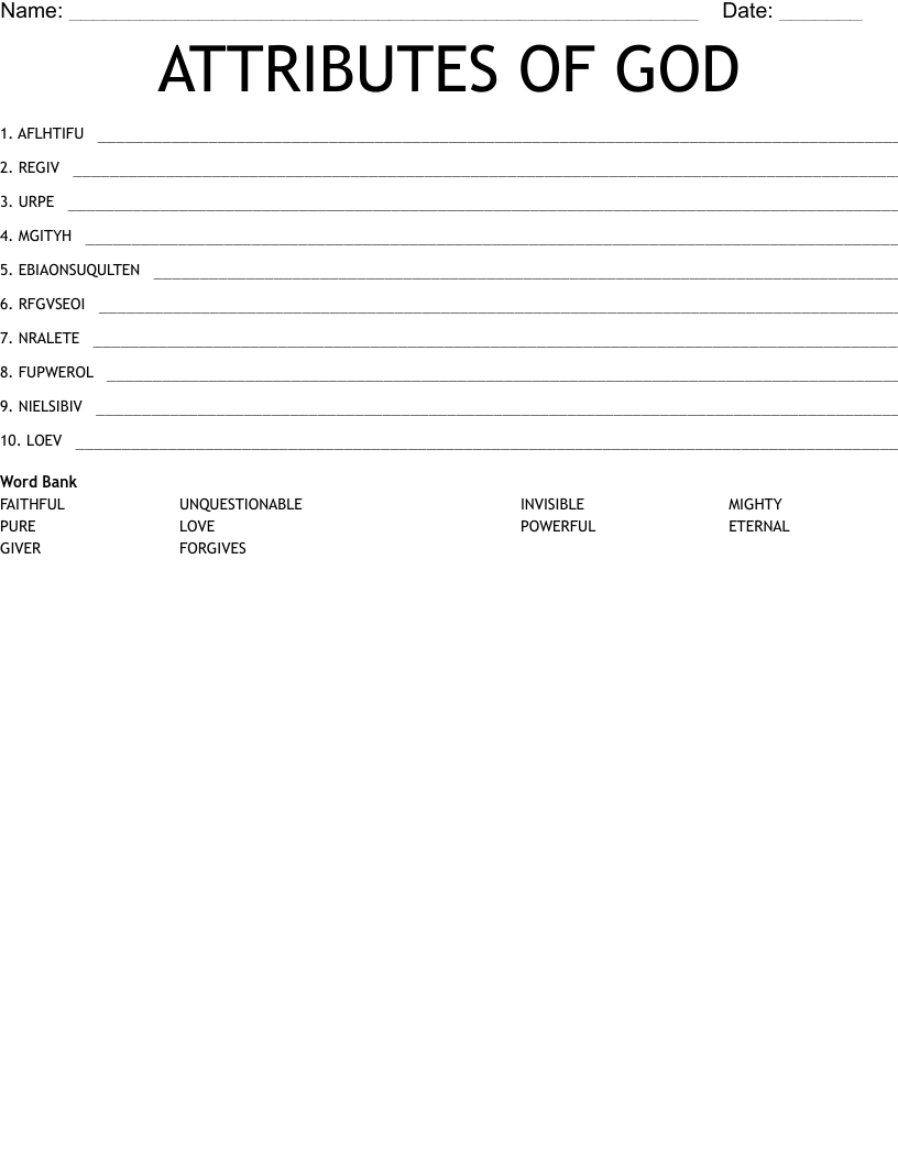 ATTRIBUTES OF GOD Word Scramble WordMint