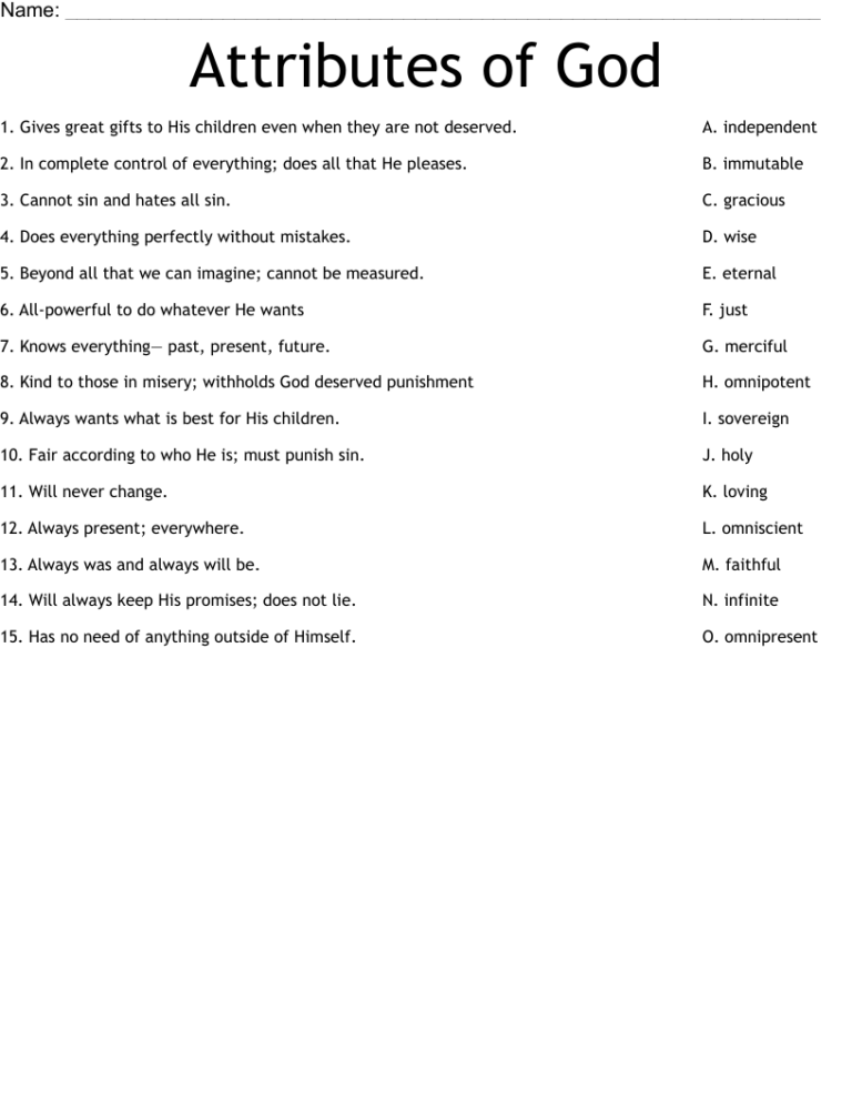 Attributes Of God Worksheet WordMint