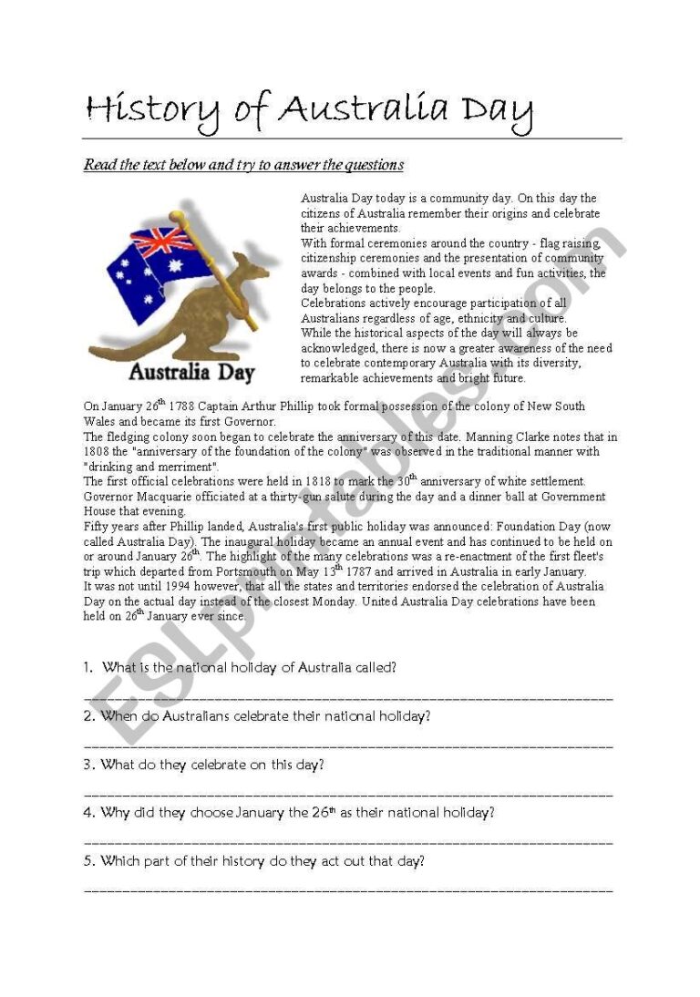 Australia Day ESL Worksheet By Kimvh