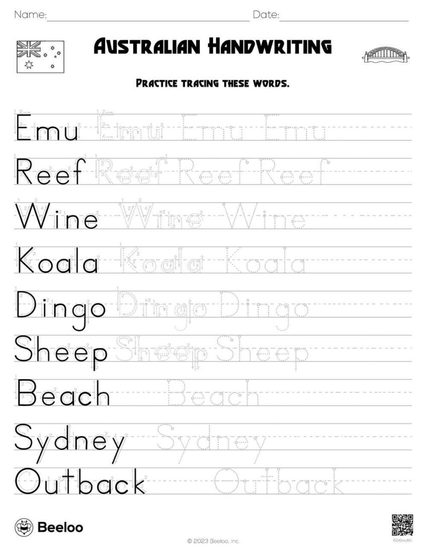 Australia themed Word Tracing Worksheets Beeloo Printable Crafts And Activities For Kids