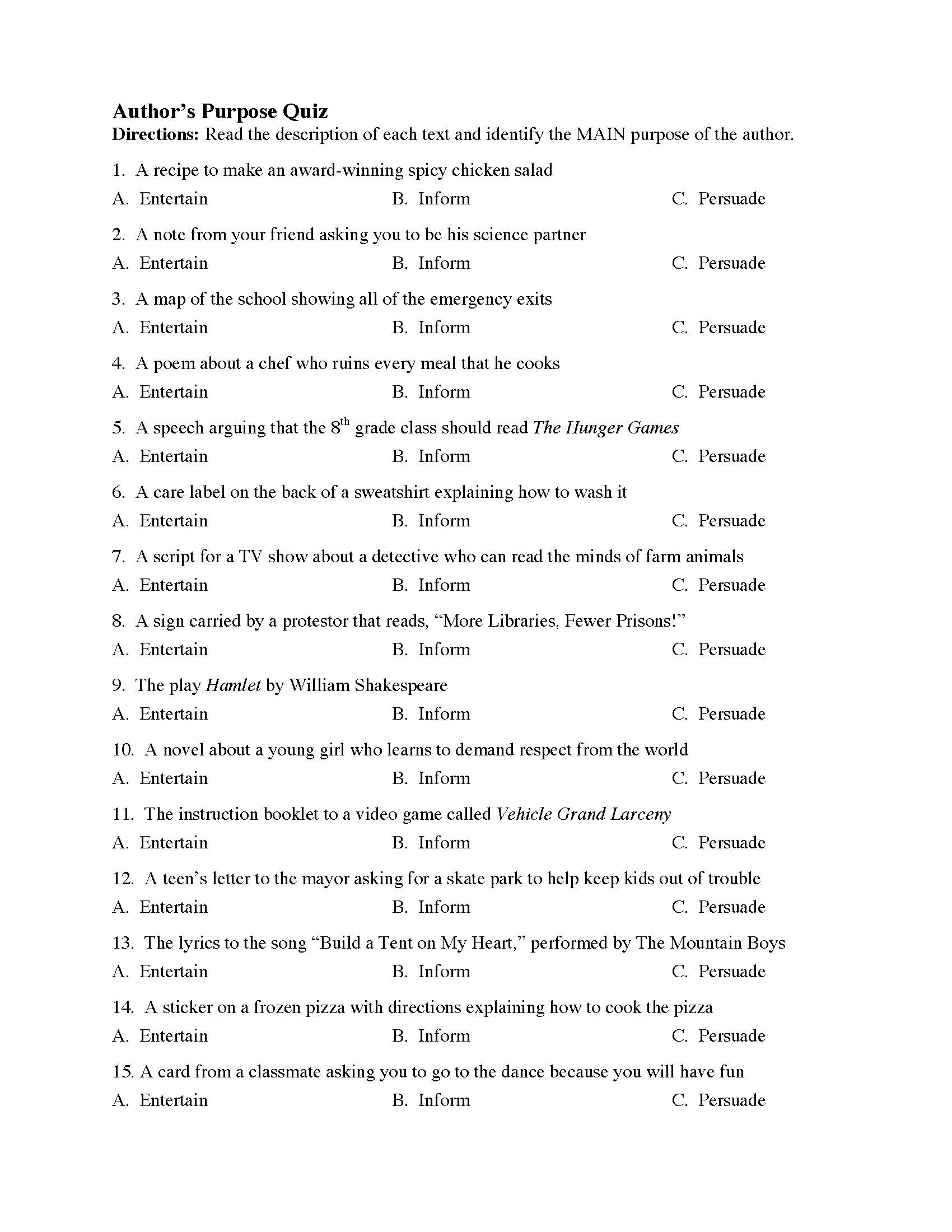 Author's Purpose Reading Comprehension Worksheet Author's Purpose Reading Comprehension Worksheet