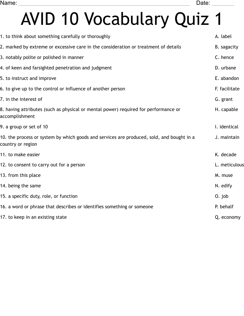 10th Grade Vocabulary Printable Worksheets