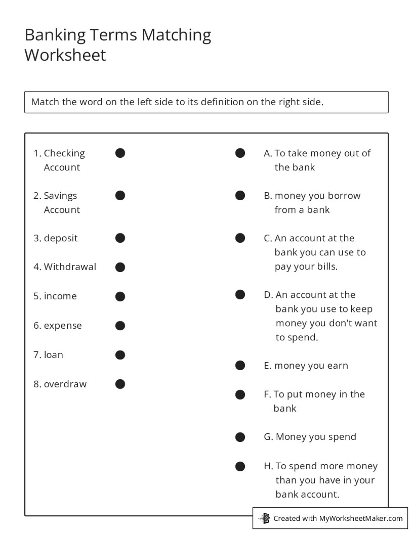 Banking Terms Matching Worksheet My Worksheet Maker Create Your Own Worksheets