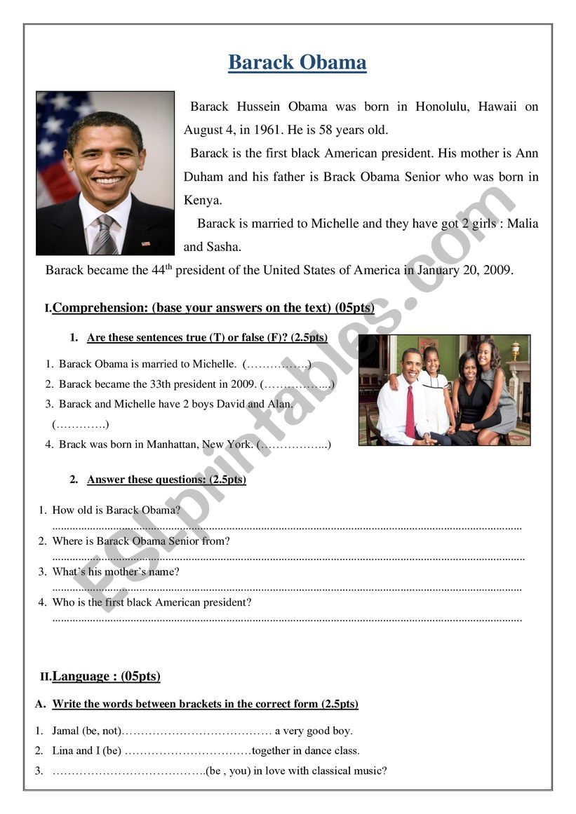 Barack Obama ESL Worksheet By Mariejazz