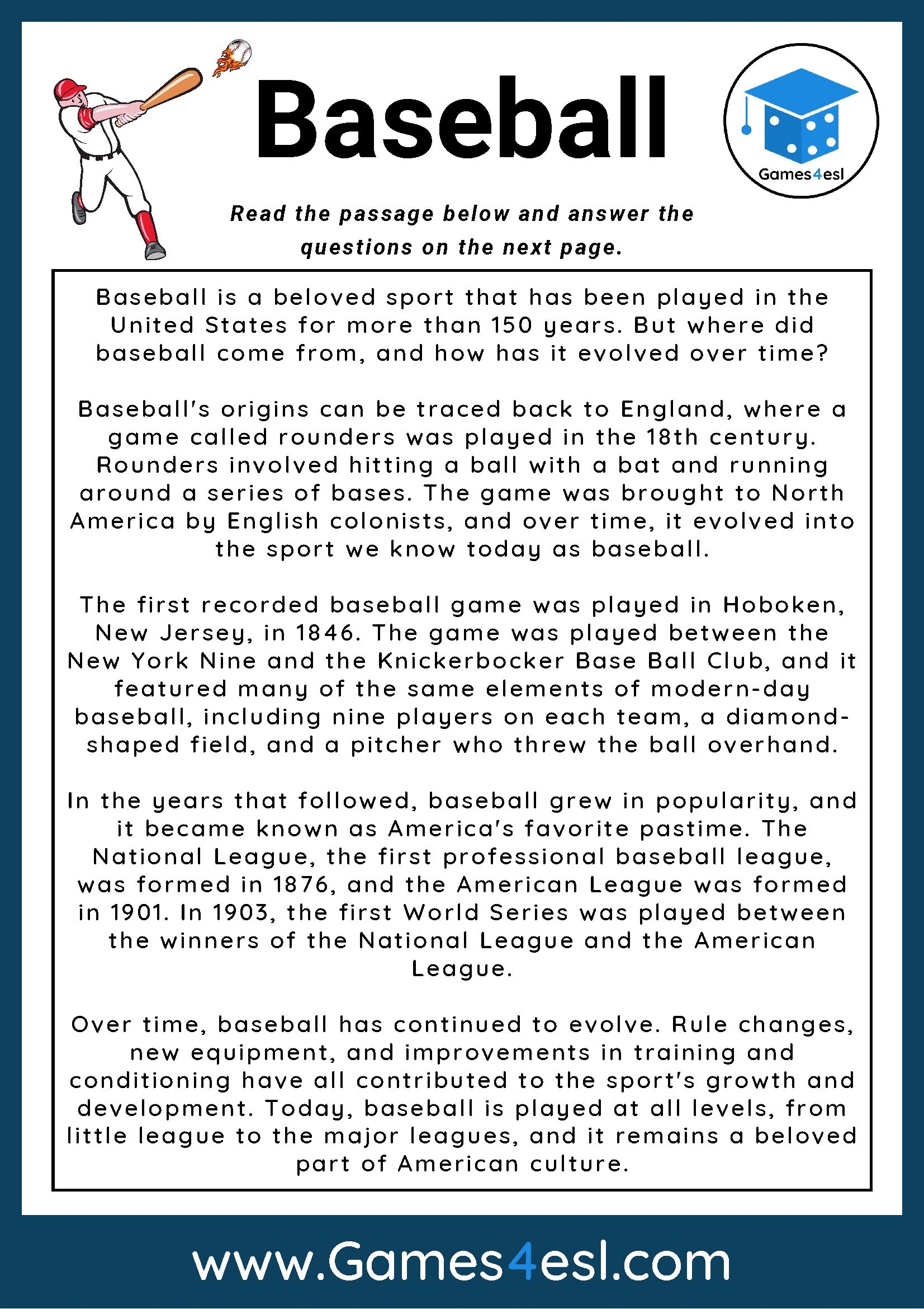 Baseball Reading Comprehension Worksheet Games4esl Baseball Reading Comprehension Worksheet Games4esl