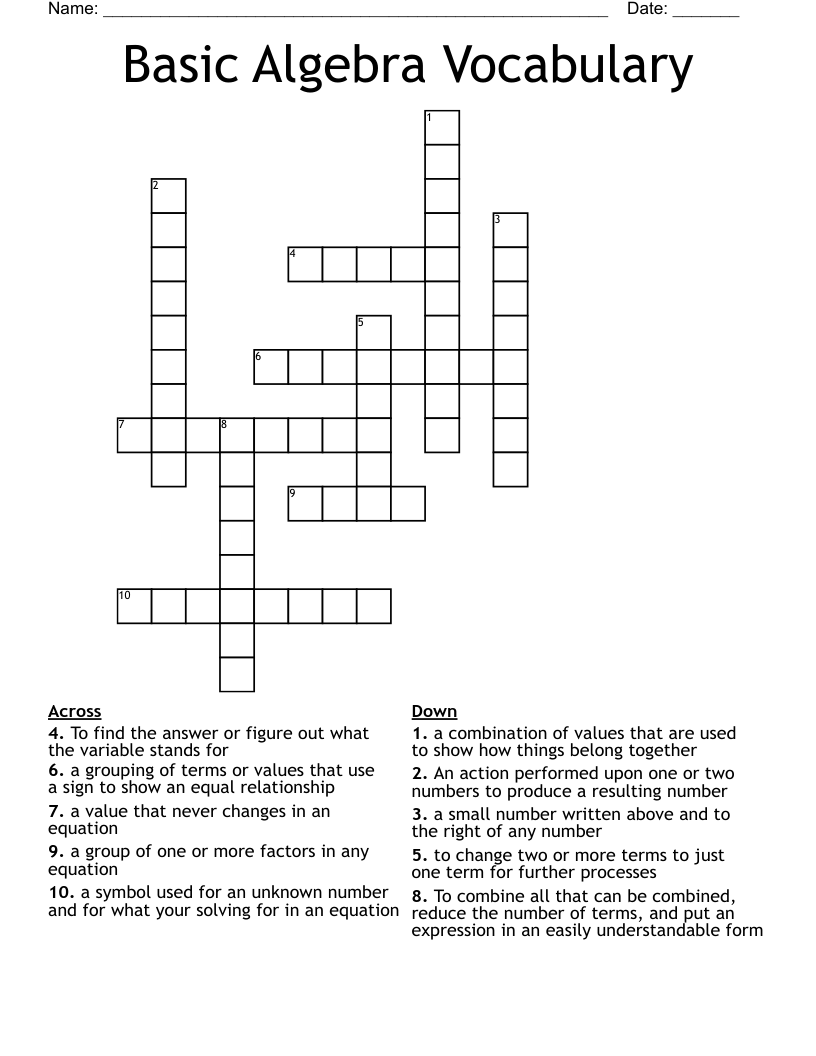 Basic Algebra Vocabulary Crossword WordMint