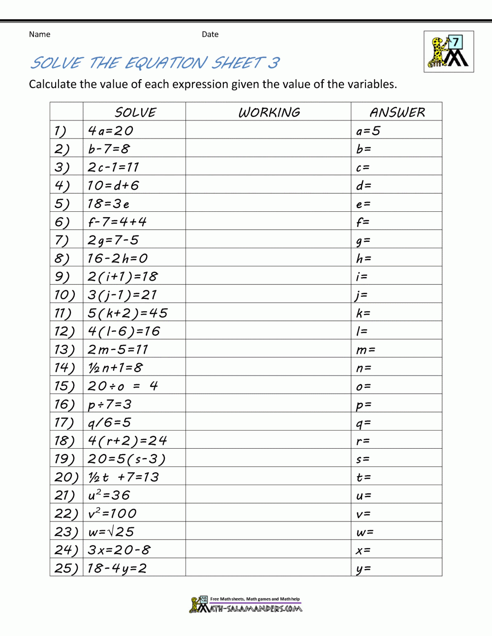 Basic Algebra Worksheets Basic Algebra Worksheets