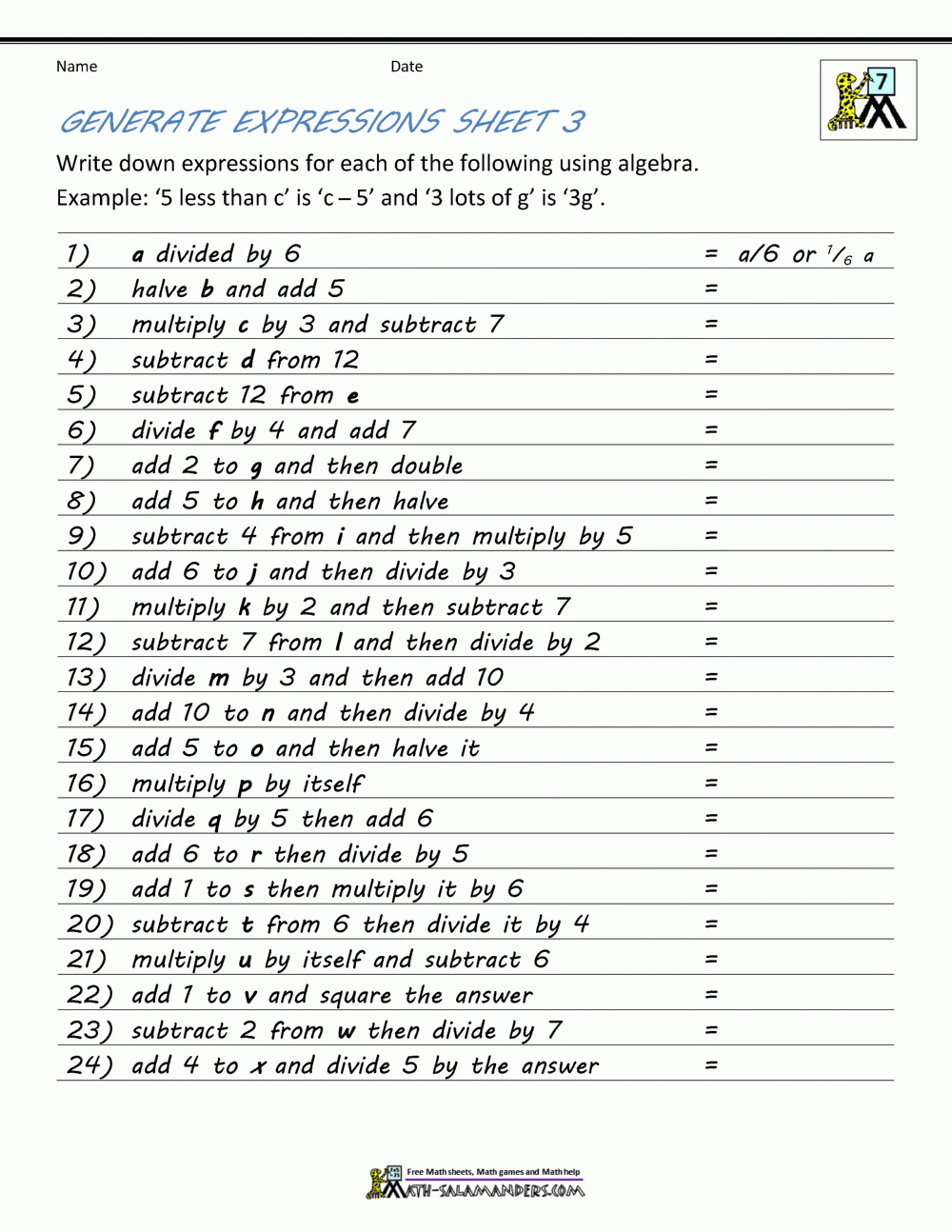 Basic Algebra Worksheets Basic Algebra Worksheets