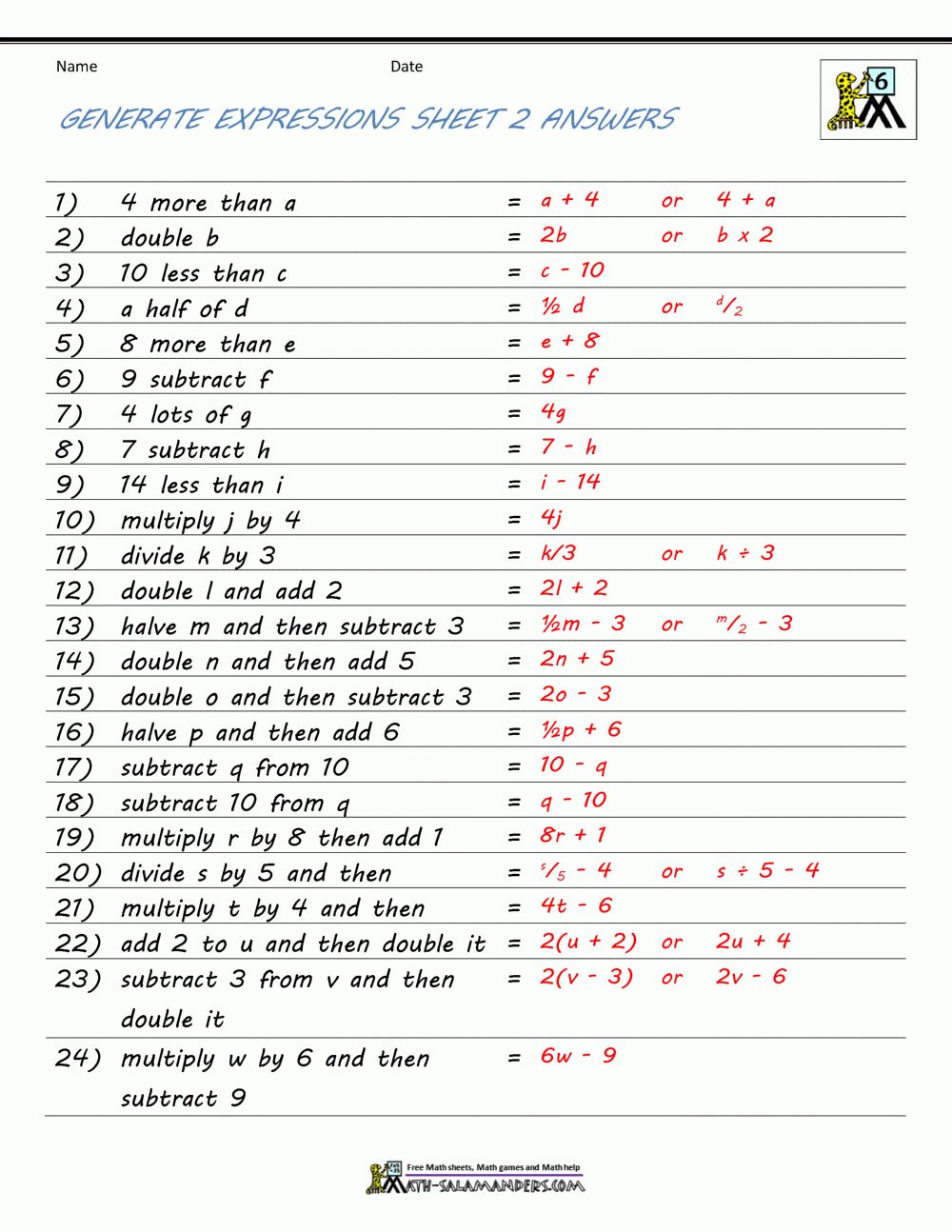 Printable Math Expression Worksheets