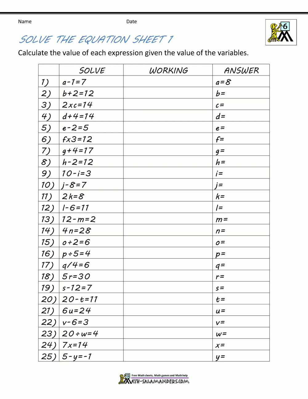 Basic Algebra Worksheets Basic Algebra Worksheets