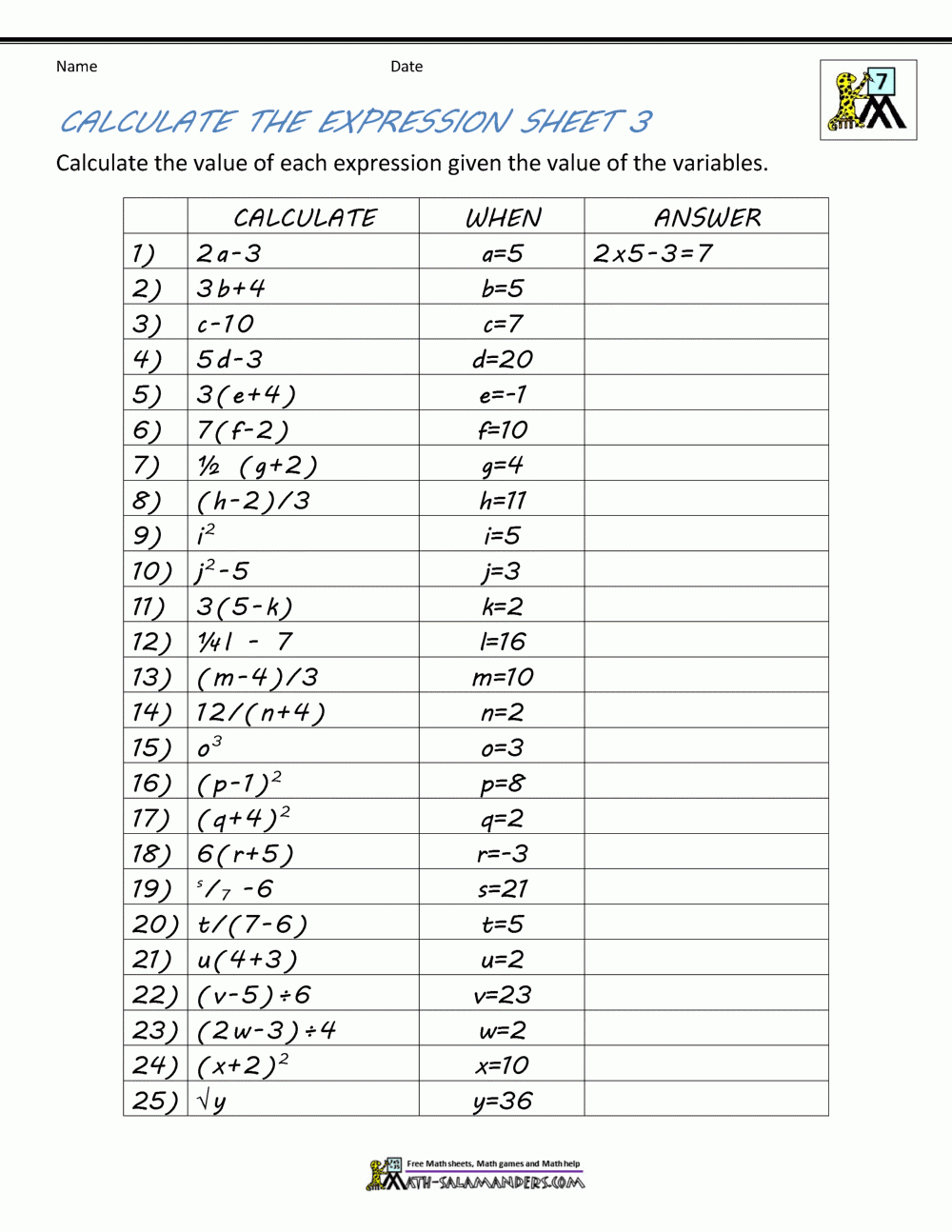 7th Grade Math Printable Worksheets