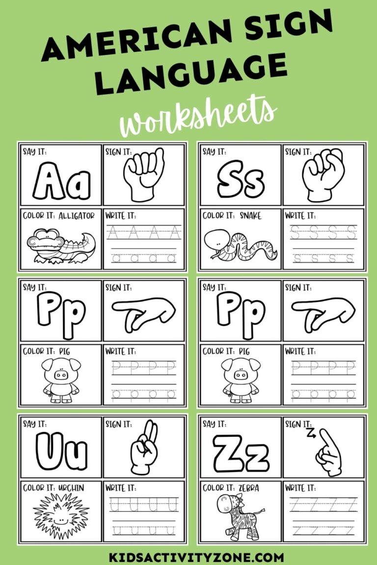 Beginner American Sign Language Worksheets Kids Activity Zone