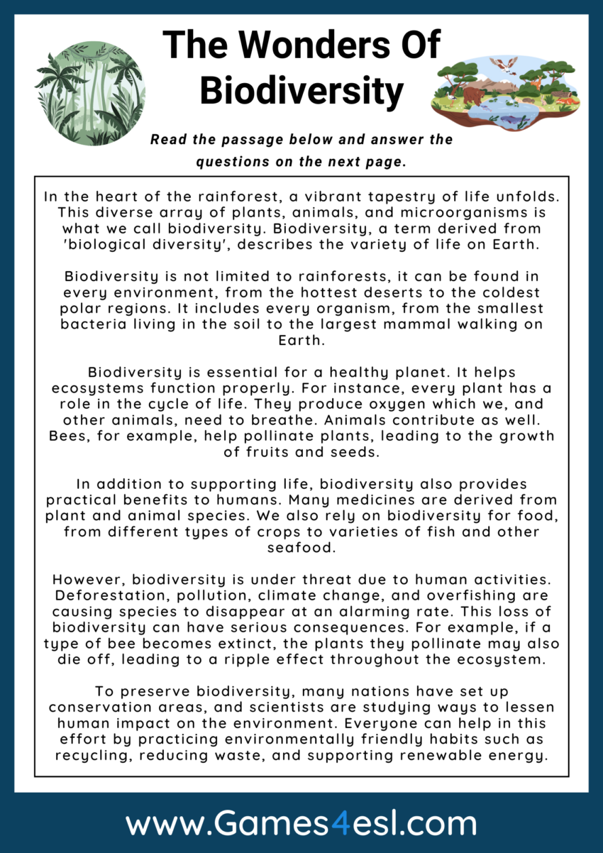 Biodiversity Reading Comprehension Games4esl