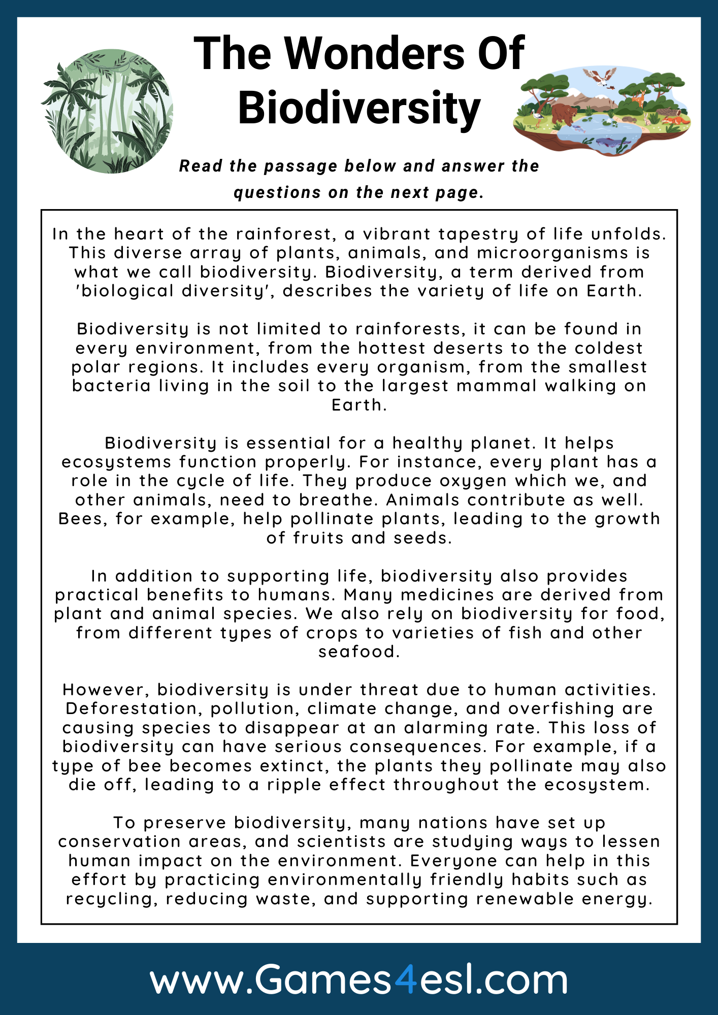 Biodiversity Reading Comprehension Games4esl Biodiversity Reading Comprehension Games4esl