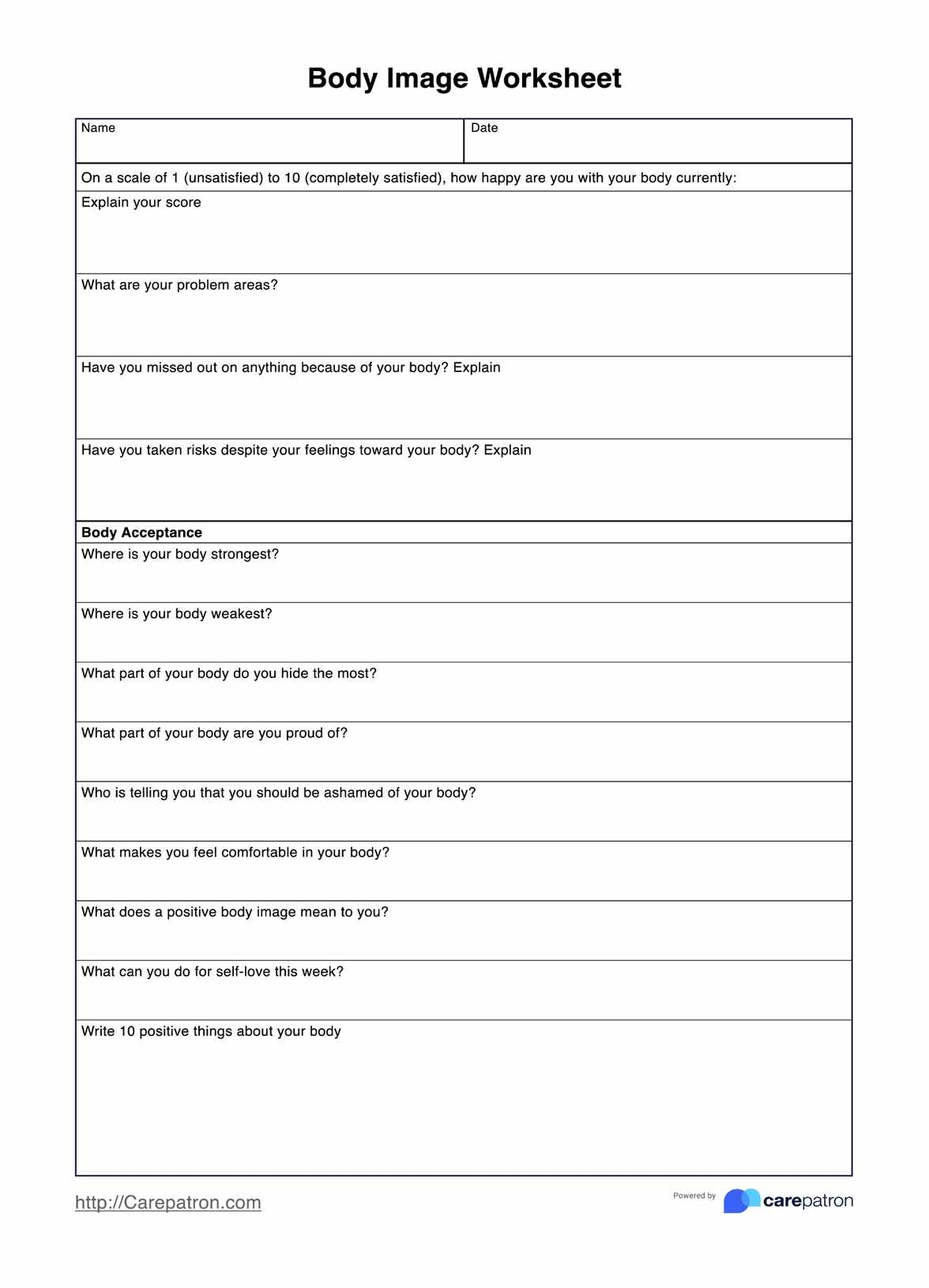 Body Image Worksheets