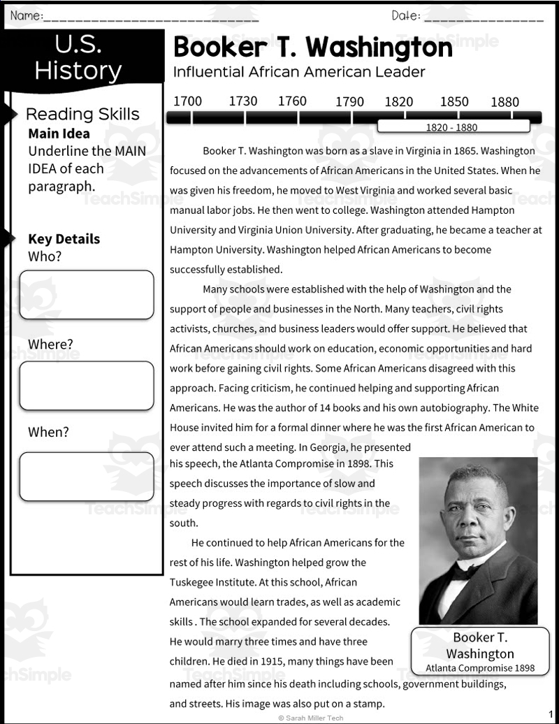 Booker T Washington Reading Packet By Teach Simple